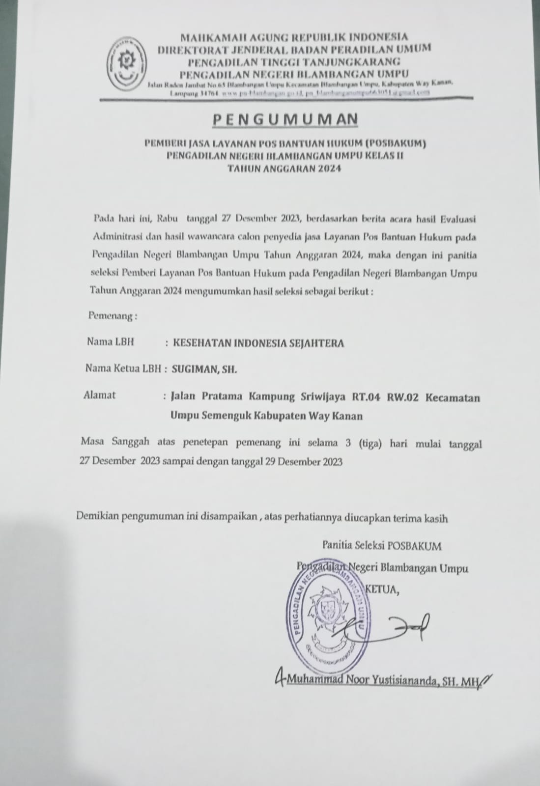 PENGUMUMAN LAYANAN HUKUM