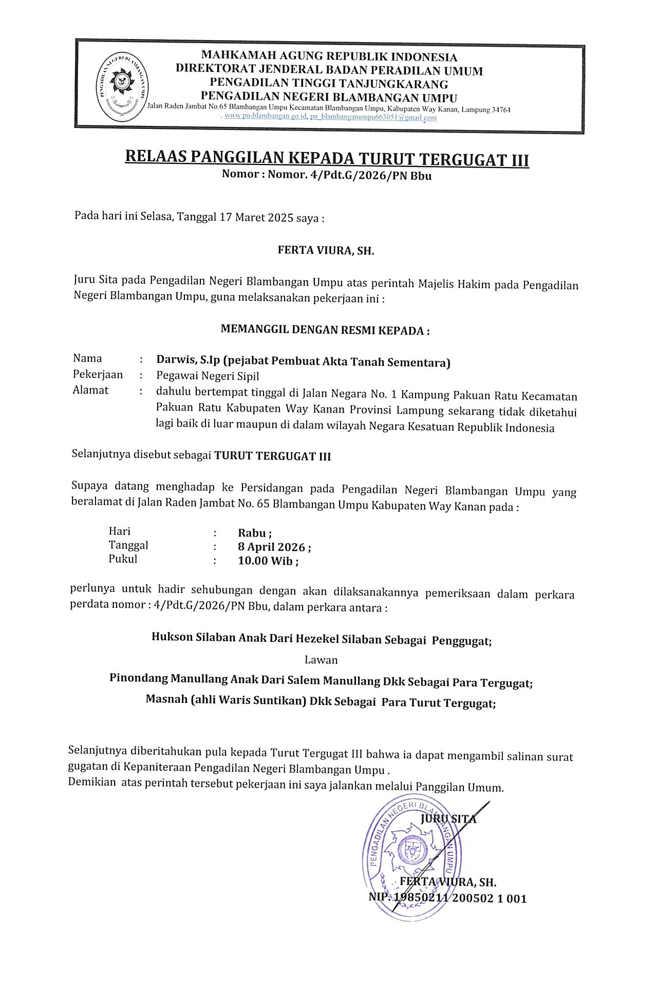 panggilan umum TT3 perdata nomor 4 tahun 2026